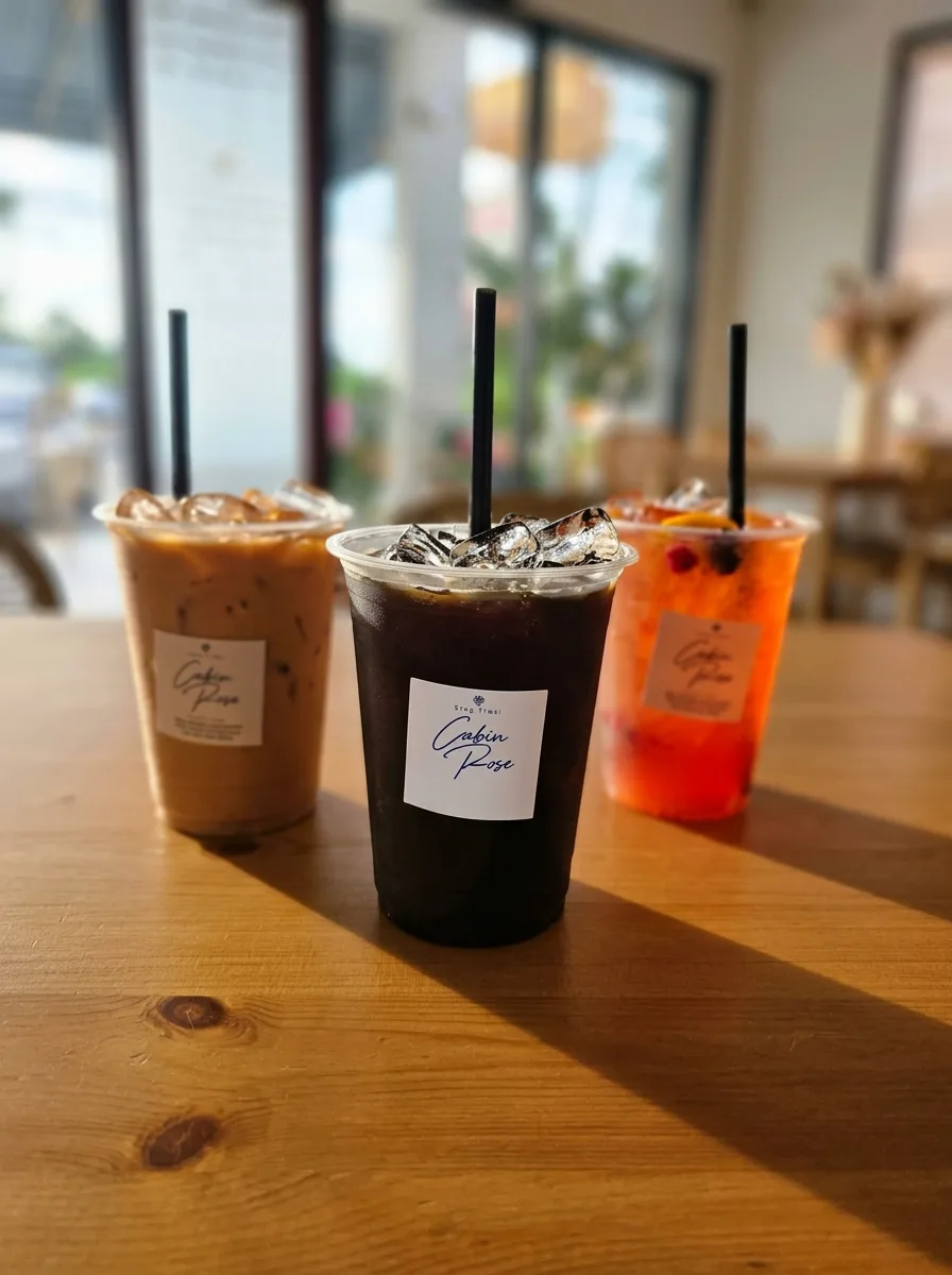 Minuman ais berjenama Cabin Rose Station di atas meja